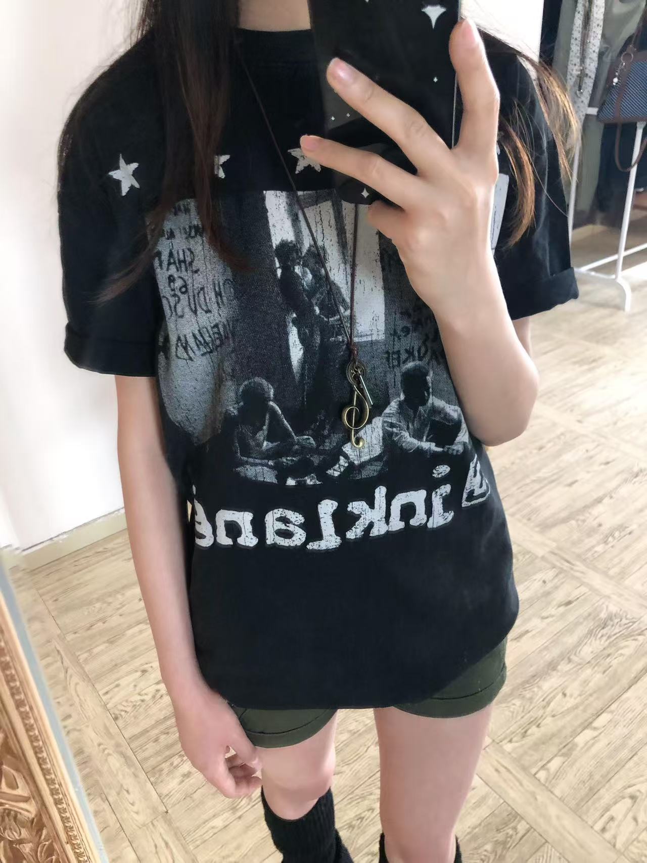 새로운 생방송 품질 워싱 블랙 별 초상화 프린트 가을 어깨 t