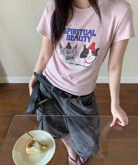 새로운 출처 생방송 품질 고양이 프린트 이후 패키지 칼라 신축성 몸매 가꾸기 t