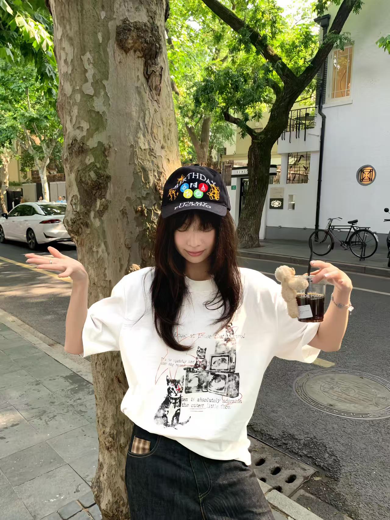 새로운 출처 생방송 품질 고양이 프린트 이후 패키지 칼라 티셔츠
