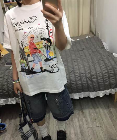 새로운 생방송 품질 이후 패키지 칼라 라운드 넥 반팔 티셔츠 낙서 프린트