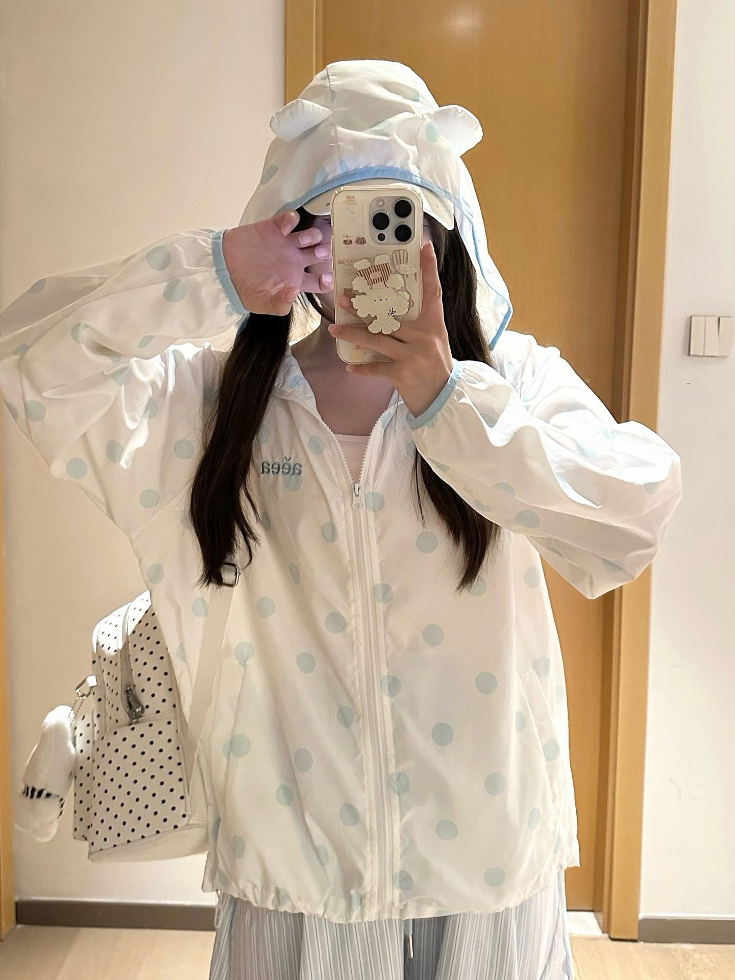 새로운 원본 솜씨 귀 부형제 도트 무늬 더블 모자 자외선 차단 재킷