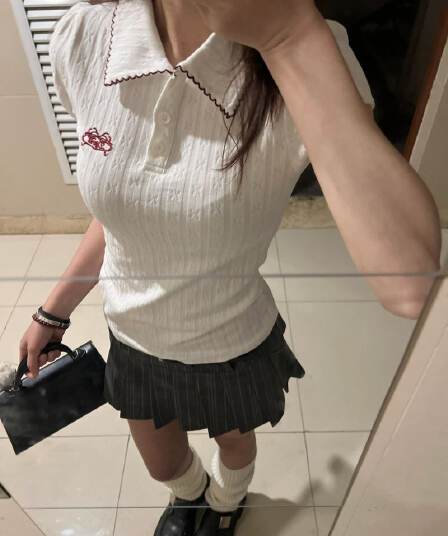 새로운 원본 원단 자수 배색 POLO 칼라 반팔 티셔츠 여성 몸매 가꾸기 맨위