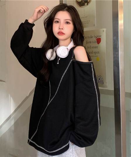 새로운 실사 특별 빅 사이즈 300 근 오프숄더 후드티 여성 지퍼 루즈핏 빅 사이즈 여성