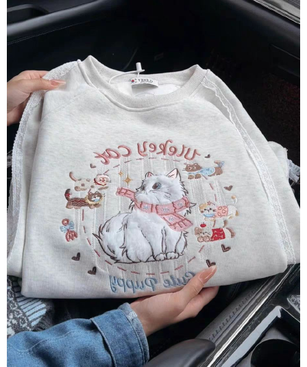 새로운 얇은 두꺼움 자수 패치워크 레이스 측면 라운드 넥 다용도 만화 후드티