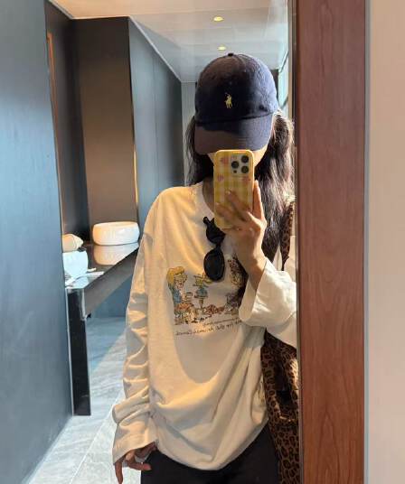봄 가을 새로운 이후 패키지 칼라 긴팔 라운드 넥 티셔츠 만화 프린트