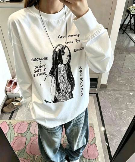 봄 가을 새로운 이후 패키지 칼라 긴팔 Luokou 티셔츠 만화 초상화