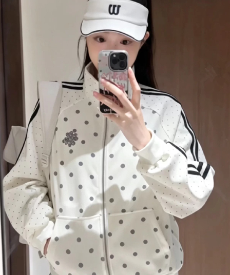 새로운 한 부서 도트 무늬 재킷 작은 대중 스탠드 칼라 루즈핏 야구 유니폼 캐주얼 운동 재킷