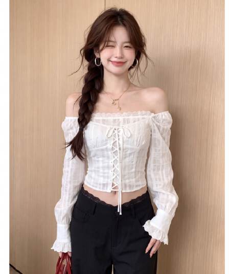 새로운 지퍼 명중 가져 가라. 한 부서 광장 칼라 자카드 원단 십자가 스트랩 거품 소매 쇼트 스타일 맨위