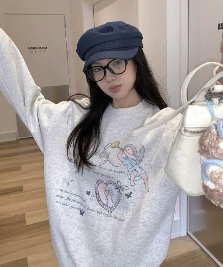 새로운 생방송 품질 복합 얇은 은 여우 플러시 털이 있는 라운드 넥 천사 프린트