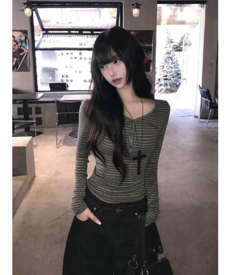 새로운 한 부서 핫걸 스트라이프 V넥 긍정적 인 어깨 긴팔 티셔츠 여성 셔츠