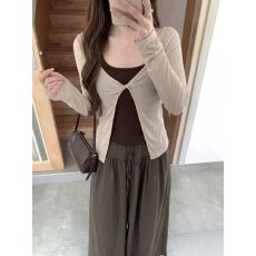 新款  两件套 扭结挂脖背心撞色长袖T恤罩衫外搭上衣女