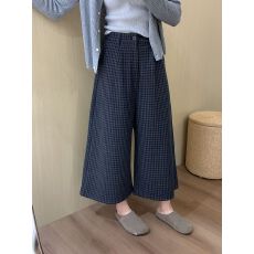 批发【原版西裤】藏青格子毛呢八分阔腿裤女秋冬西装裤裙<b class='q'>七分</b>直筒裤
