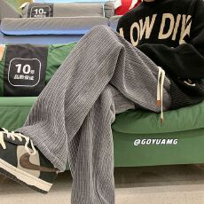 批发【原版筷子条面料】日系慵懒坠感卫裤男<b class='q'>秋</b>冬季直筒雪尼尔阔腿裤