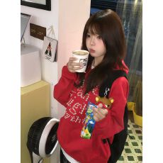 批发微胖mm红色连帽卫衣女秋冬字母钉珠大码女装宽松显瘦情侣外套上衣