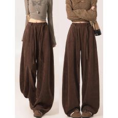 批发280欧棉绒 咖色复古弯刀裤女<b class='q'>秋</b>季慵懒垂感高腰显瘦宽松针织阔腿裤