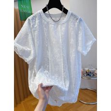 原版面料特大码300斤钩花镂空蕾丝t恤女短袖2026新款上衣