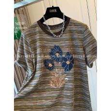 批发【原版面料】特大码300斤<b class='q'>花朵</b>条纹短袖T恤上衣女2026夏季新款