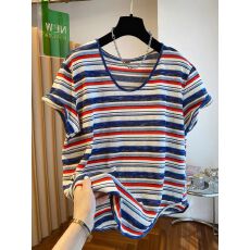 批发【原版面料】特大码300斤撞色条纹v领<b class='q'>t</b><b class='q'>恤</b><b class='q'>女</b><b class='q'>短袖</b>2026新款上衣夏