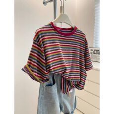 批发【原版面料】特大码300斤彩虹条纹<b class='q'>短袖</b>休闲<b class='q'>T</b><b class='q'>恤</b><b class='q'>女</b>上衣2026新款