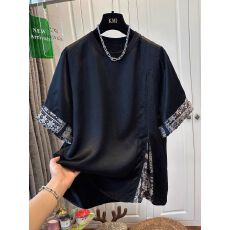 批发【原版面料】特大码300斤拉链提花黑色<b class='q'>短袖</b><b class='q'>T</b><b class='q'>恤</b><b class='q'>女</b>上衣宽松夏季