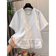 批发【21支纯棉】特<b class='q'>大码</b>300斤拼接蕾丝木耳边卷边短袖T恤女上衣夏