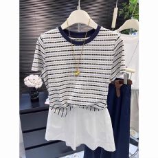 批发【原版面料】特<b class='q'>大码</b>300斤领口拼接色条纹短袖t恤女上衣夏季