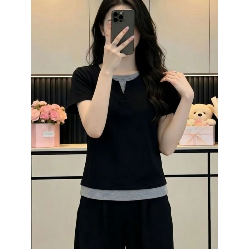92 면 8 암모니아 Lun 200 kg 빅 사이즈 여성 의류 지방 mm 여름 새로운 페이크 레이어드 반팔 티셔츠 맨위