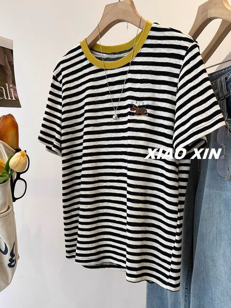 원본 원단 케이블 루오 Na 칼라 빅 사이즈 300 근 여름 스트라이프 자수 강아지 반팔 티셔츠 여성 라운드 넥 맨위