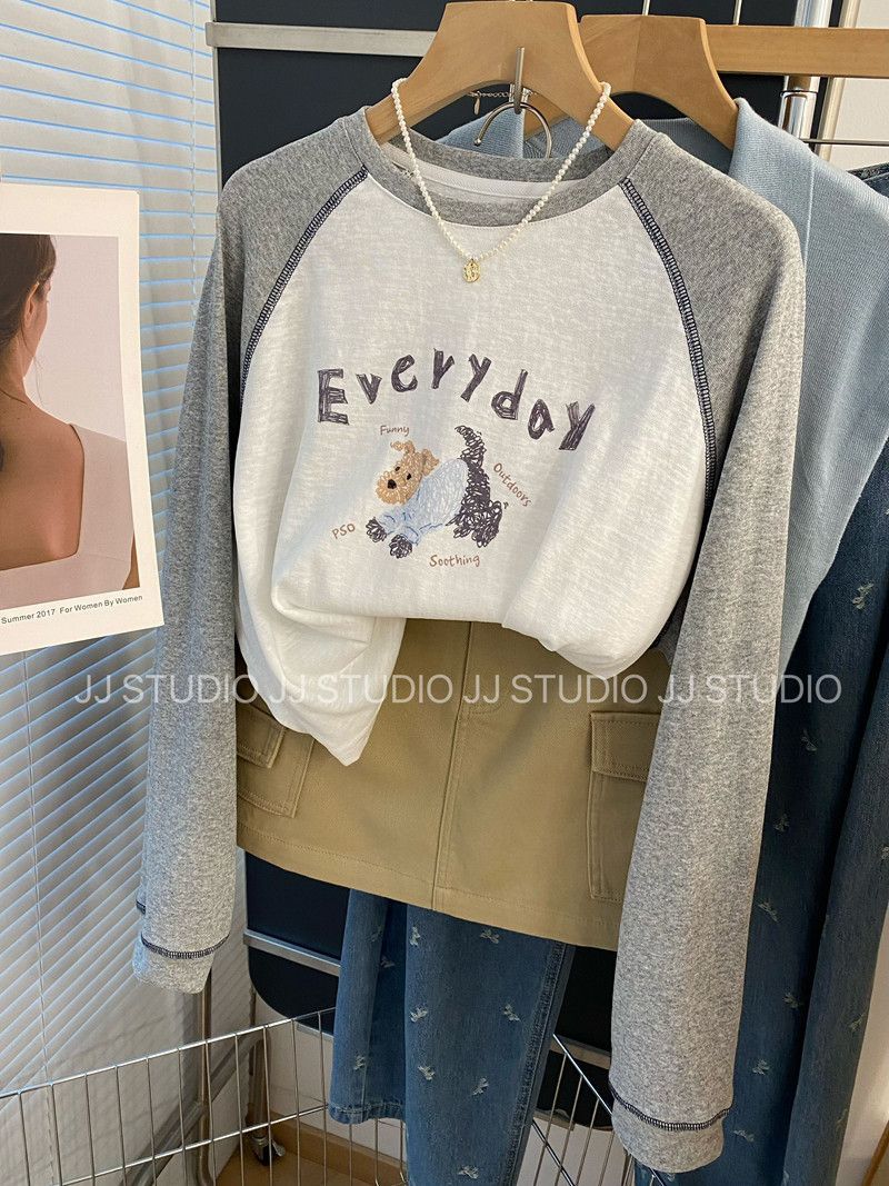 눈꽃 면 케이블 루오 Na 칼라 빅 사이즈 300 근 삽입 어깨 소매 패치워크 색상 만화 프린트 긴팔 티셔츠 여성 루즈핏 맨위