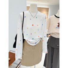 批发雪花棉(索罗娜领)大码300斤彩色波点<b class='q'>长袖</b><b class='q'>T</b><b class='q'>恤</b>女宽松休闲防晒打底衫