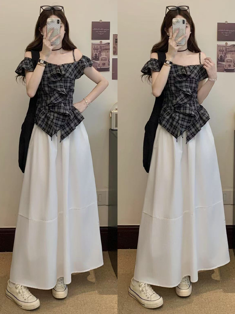 FA33351# 大码女装胖mm新款设计感荷叶边一字肩格纹上衣+半身裙 服裝批發女裝批發服飾貨源