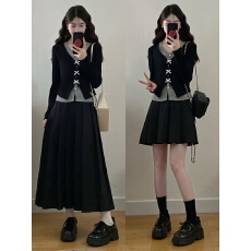 批发实拍 大码女装胖mm新款假两件显瘦蝴蝶结上衣+百褶半身裙