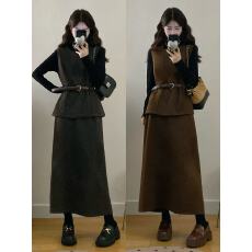 批发实拍 大码女装胖mm新款时尚秋<b class='q'>冬</b>毛呢马甲半身裙收腰两件套