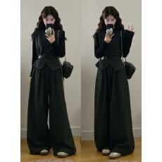 批发实拍 大码女装胖mm秋<b class='q'>冬</b>新款长袖打底毛呢马甲阔腿裤三件套