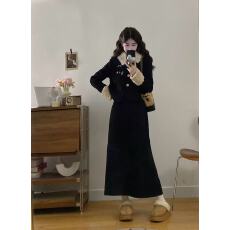 批发实拍 大码女装胖mm秋冬时尚撞色刺绣显瘦高级感<b class='q'>外套</b>加半裙两件套