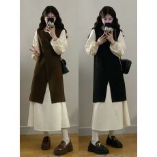 批发实拍 大码女装胖mm新款时尚气质长袖加厚<b class='q'>连衣裙</b>加毛呢马甲两件套