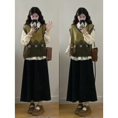 批发实拍 大码女装胖mm秋冬新款百搭提花马甲+<b class='q'>蕾丝</b>花边<b class='q'>衬衣</b>+半身裙