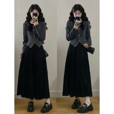 批发实拍 <b class='q'>大码</b>女装胖mm新款秋冬时尚气质显瘦外套+半身裙两件套