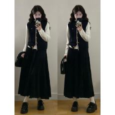 批发实拍 <b class='q'>大码</b>女装胖mm秋冬新款长袖打底刺绣马甲+半身裙三件套