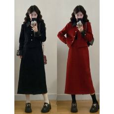 批发实拍 <b class='q'>大码</b>女装胖mm新款时尚气质拼皮小香风外套加半身裙两件套