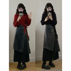 批发实拍 大码女装胖mm新款气质复古上衣不规则假两件显瘦半身裙套装