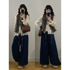 批发实拍 大码女装胖mm新款提花牛仔马甲+刺绣衬衣+灯笼裤三件套