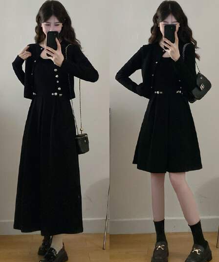 실사 빅 사이즈 여성 의류 지방 mm 새로운 패션 슬림해 보이는 다용도 투피스 세트 작은 검은 드레스