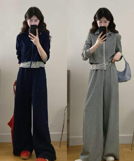 실사 빅 사이즈 여성 의류 한 부서 캐주얼 스트라이프 패치워크 페이크 레이어드 맨위 루즈핏 와이드 레그 팬츠 투피스 세트