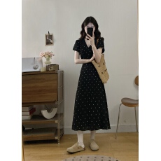 批发实拍 大码女装气质显瘦v领波点连衣裙