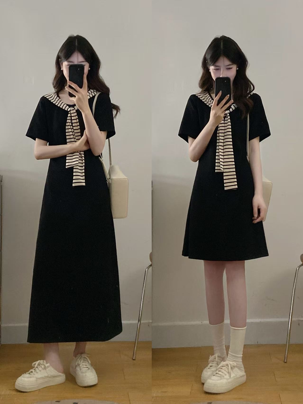 실사 빅 사이즈 여성 의류 품격 패션 미니멀리즘 패치워크 스트라이프 나비 넥타이 드레스