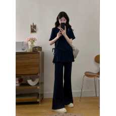 批发实拍 <b class='q'>大码</b>女装气质时尚简约抽绳T恤+屁帘侧开扣裤子两件套