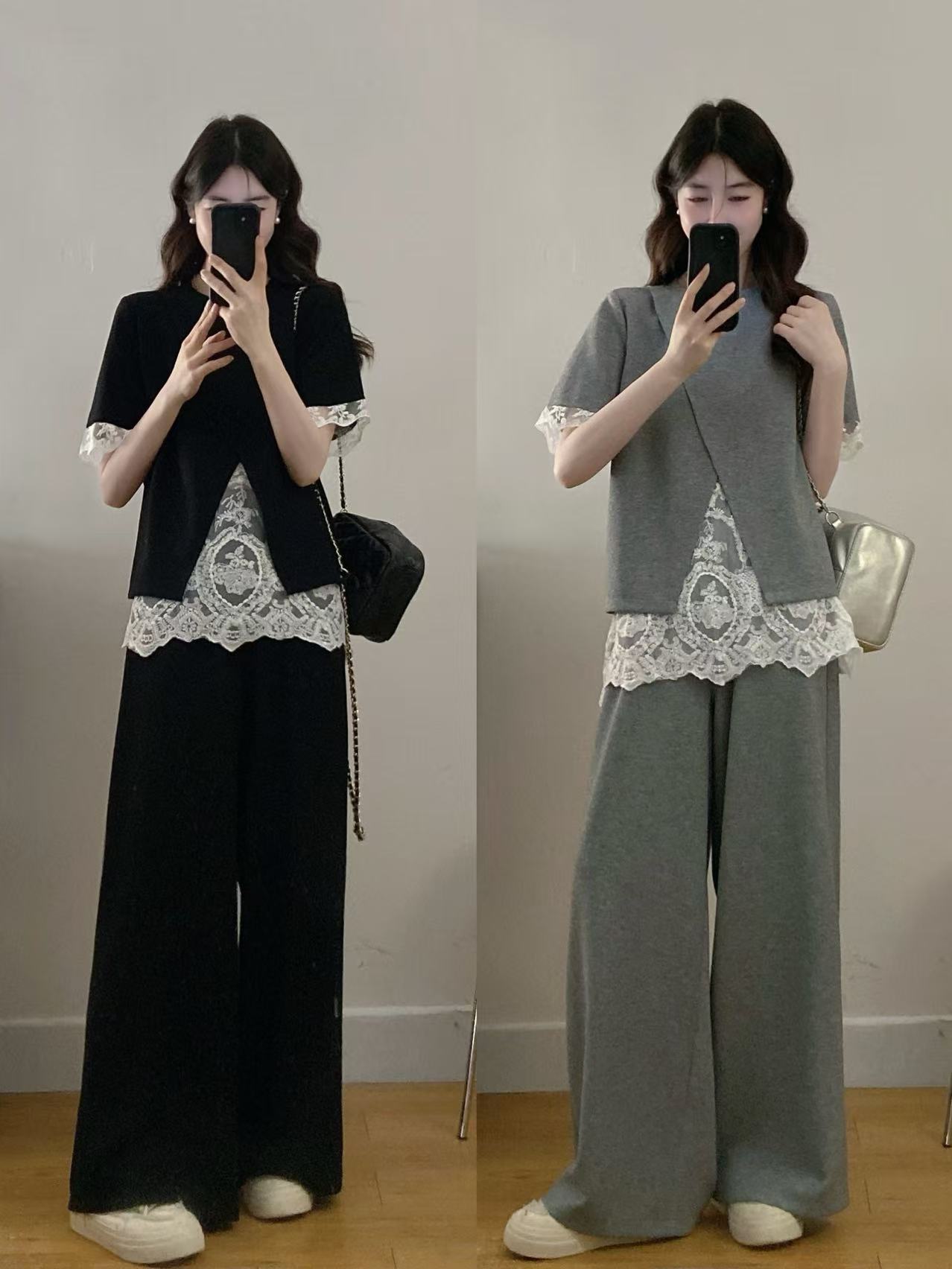 실사 빅 사이즈 여성 의류 패션 캐주얼 미니멀리즘 레이스 페이크 레이어드 맨위 와이드 레그 팬츠 투피스 세트
