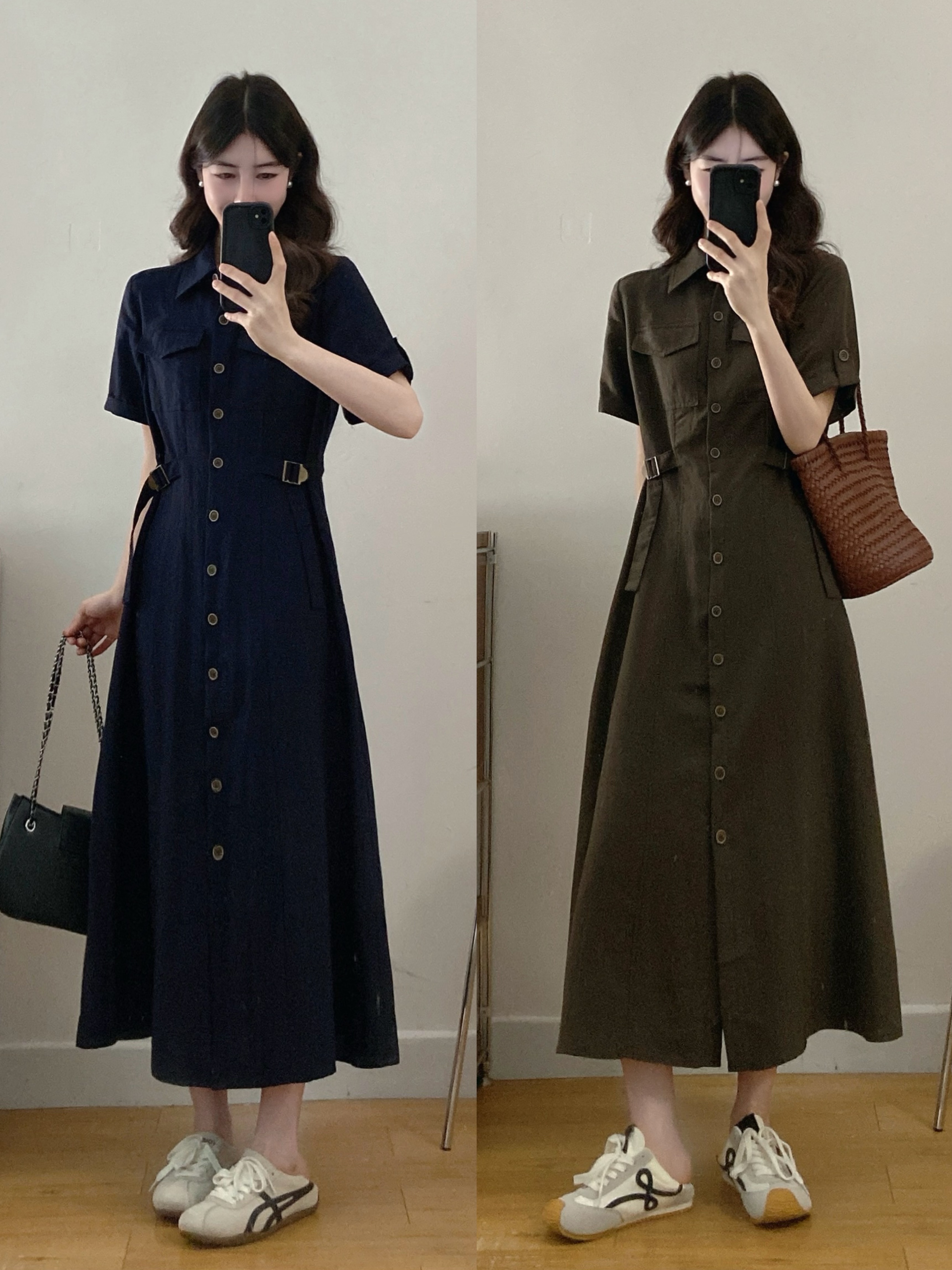실사 빅 사이즈 여성 의류 패션 품격 미니멀리즘 캐주얼 단추 폴로 칼라 빅 사이즈 다용도 드레스
