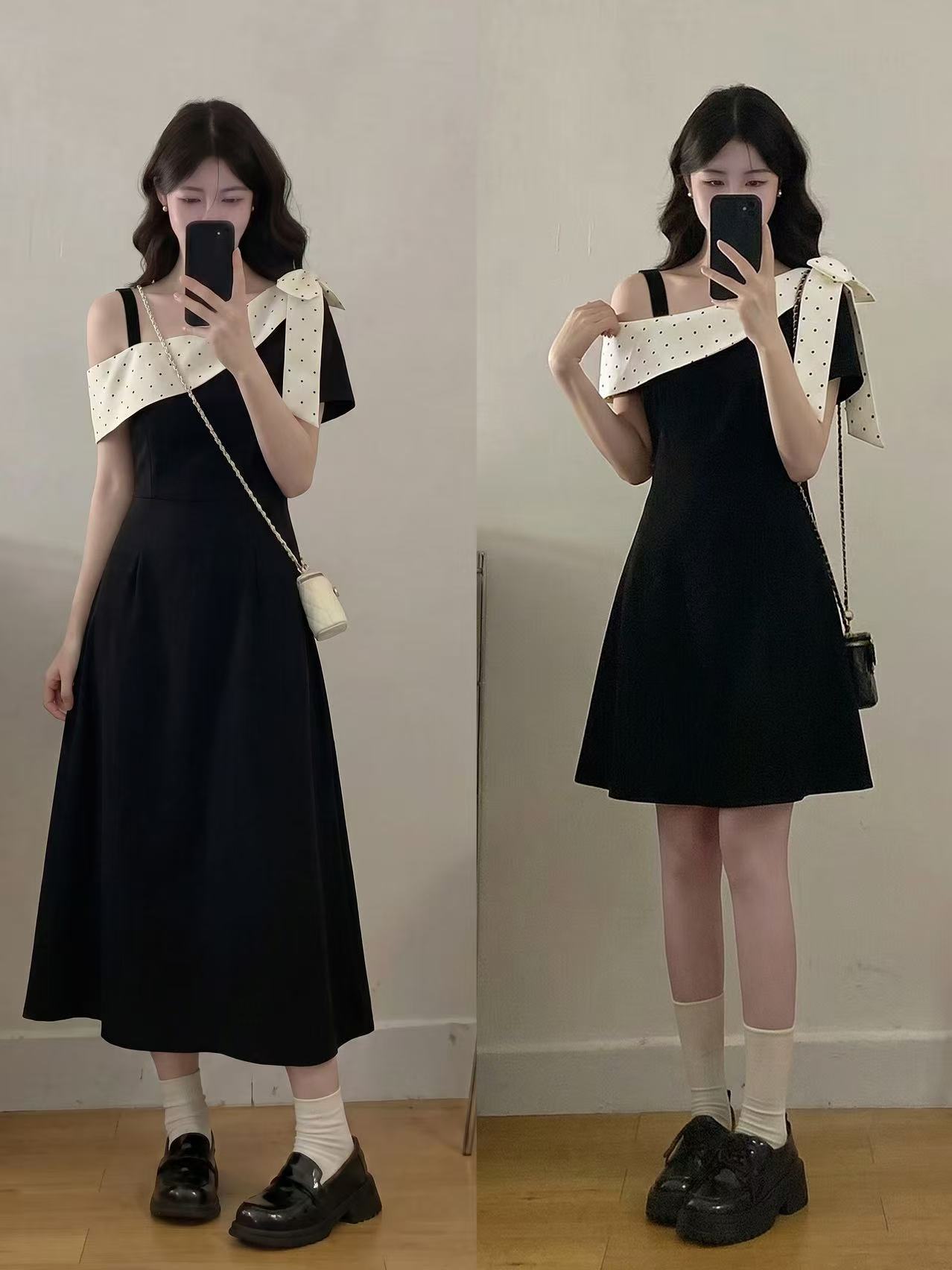 실사 빅 사이즈 여성 의류 패션 품격 도트 무늬 프릴 새는 어깨 배색 허리 수축 프랑스식 드레스